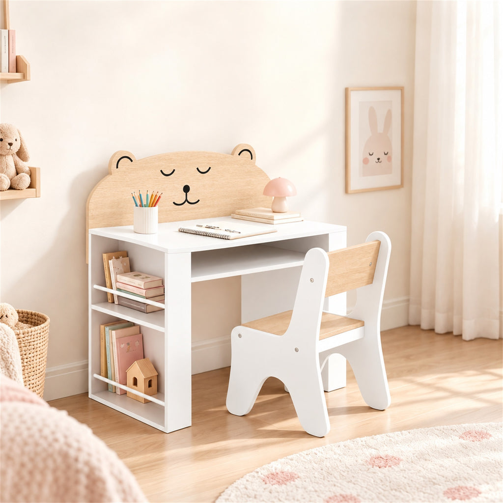 Bureau et Chaise pour Enfant 2 Pièces, Ensemble Table d'Activité avec Bibliothèque pour Dessin, Lecture et Jeux, Blanc-9