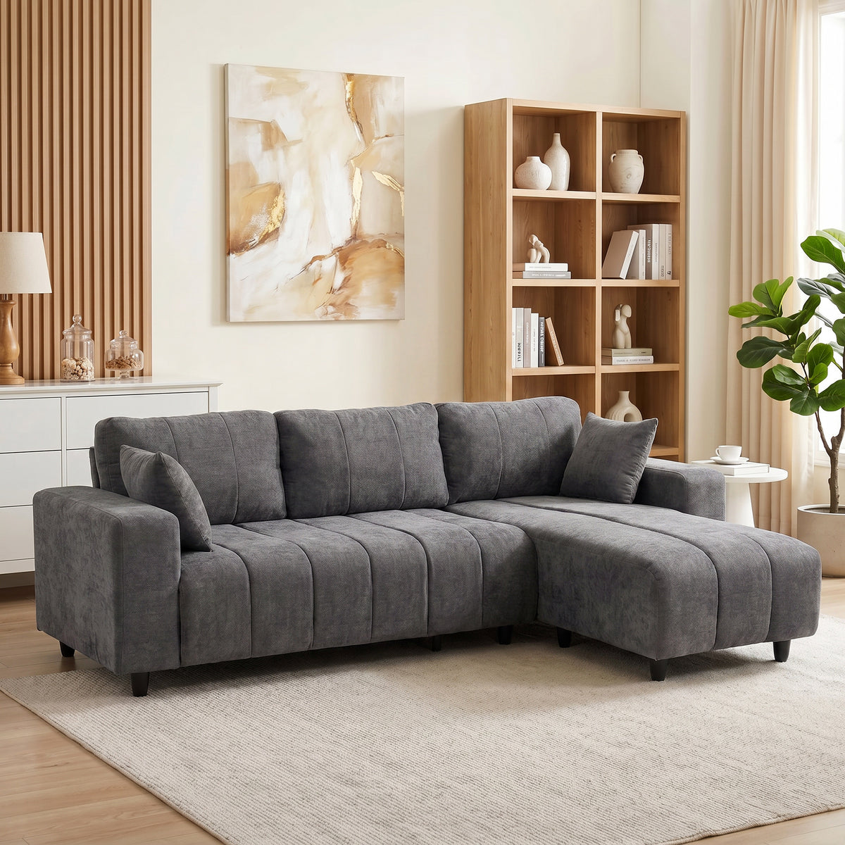 Canapé d'Angle Modulable 242 cm, Canapé 4 Places en L avec Méridienne Réversible, 2 Oreillers, Tissu Aspect Lin, Gris-1