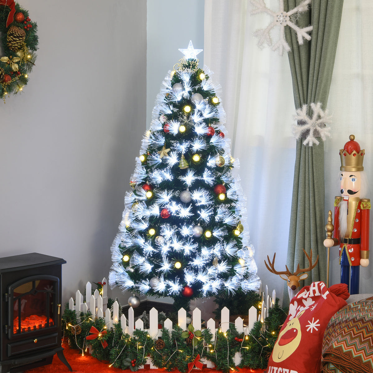 Sapin Noël Artificiel Lumineux 120H cm Fibre Optique LED + 20 Ampoules + Support Pied 130 Sommet Brillante Vert-3