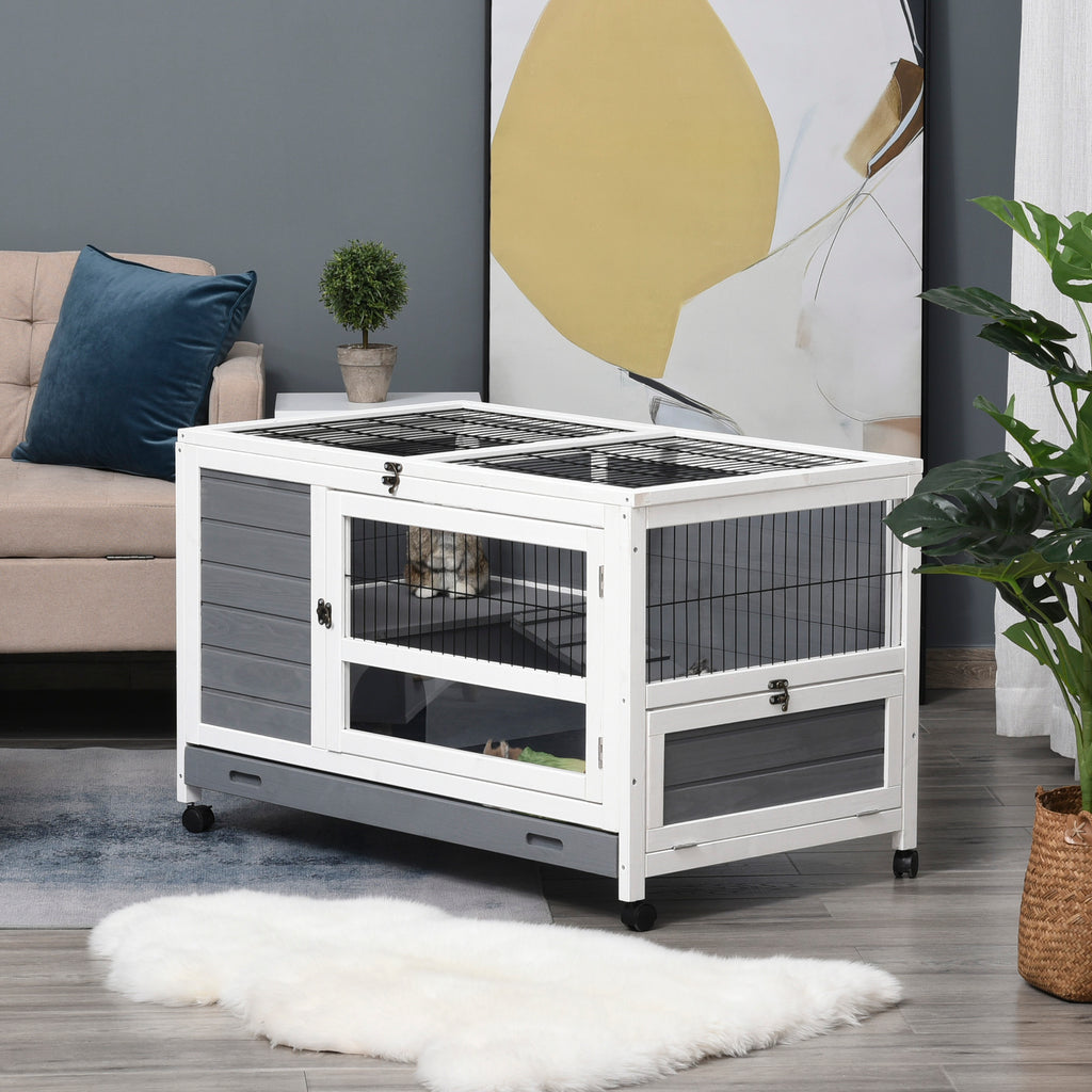 Clapier en bois cage à lapin villa pour lapin avec plateau coulissant, porte verrouillable, dessus ouvrable gris-9