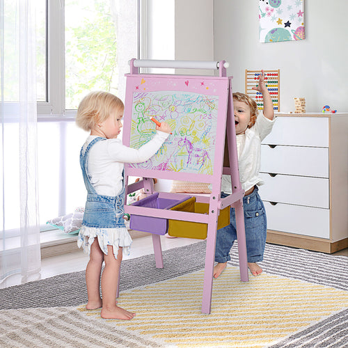 3 en 1 Tableau Enfant - chevalet Enfant - Ardoise Double Face - Tableau Blanc Tableau à Craie - Rouleau Papier avec accessoires + paniers Rangement intégrés - MDF Rose-1