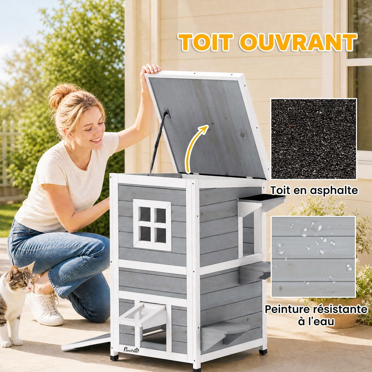 Maisonnette pour chats sur 2 étages en bois intérieur et extérieur toit rabattable 51 x 51 x 81,3 cm blanc et gris-3