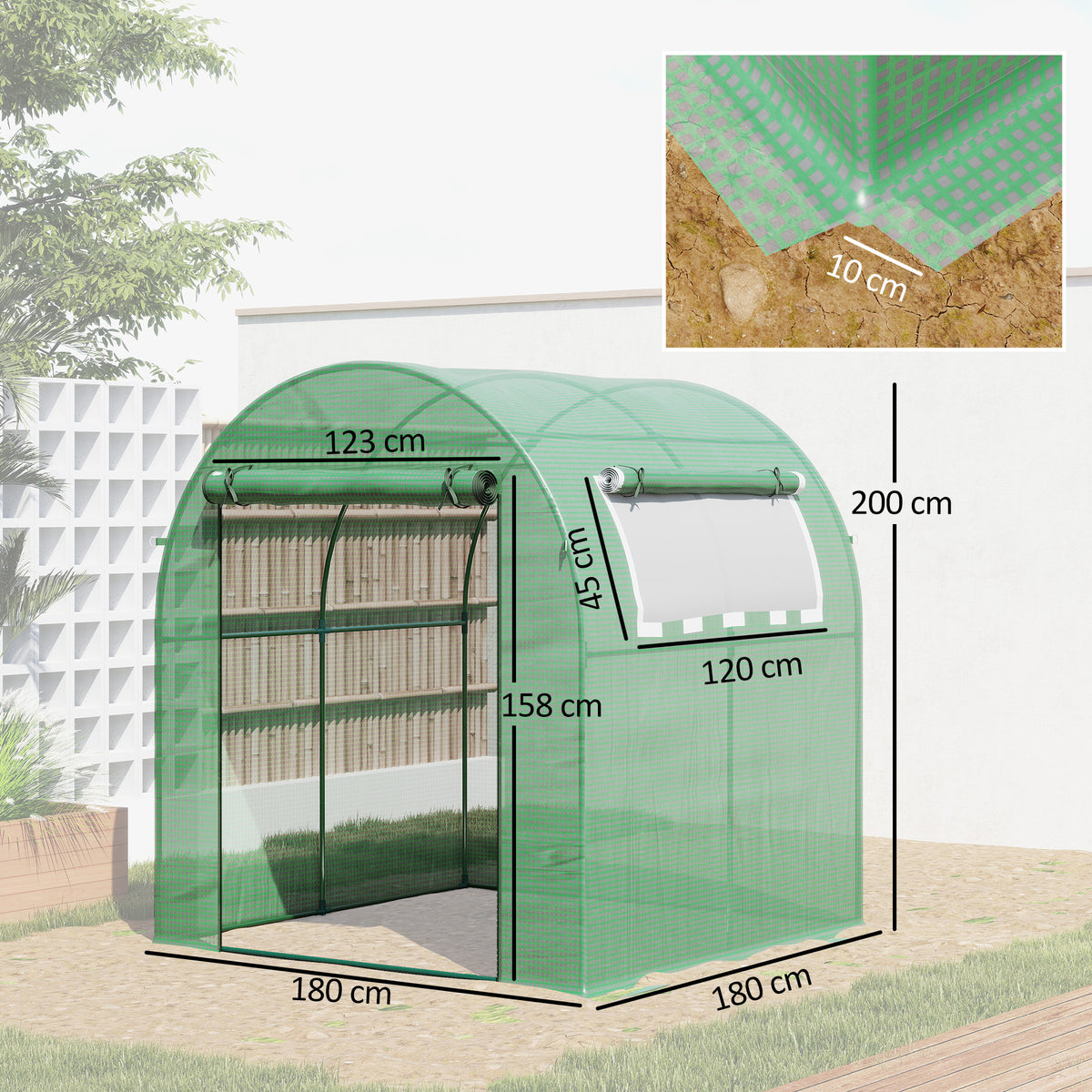 Serre tunnel de jardin 3,24m², serre de jardin tunnel porte et fenêtre enroulables, bâche PE, 180 x 180 x 200 cm, verte-2