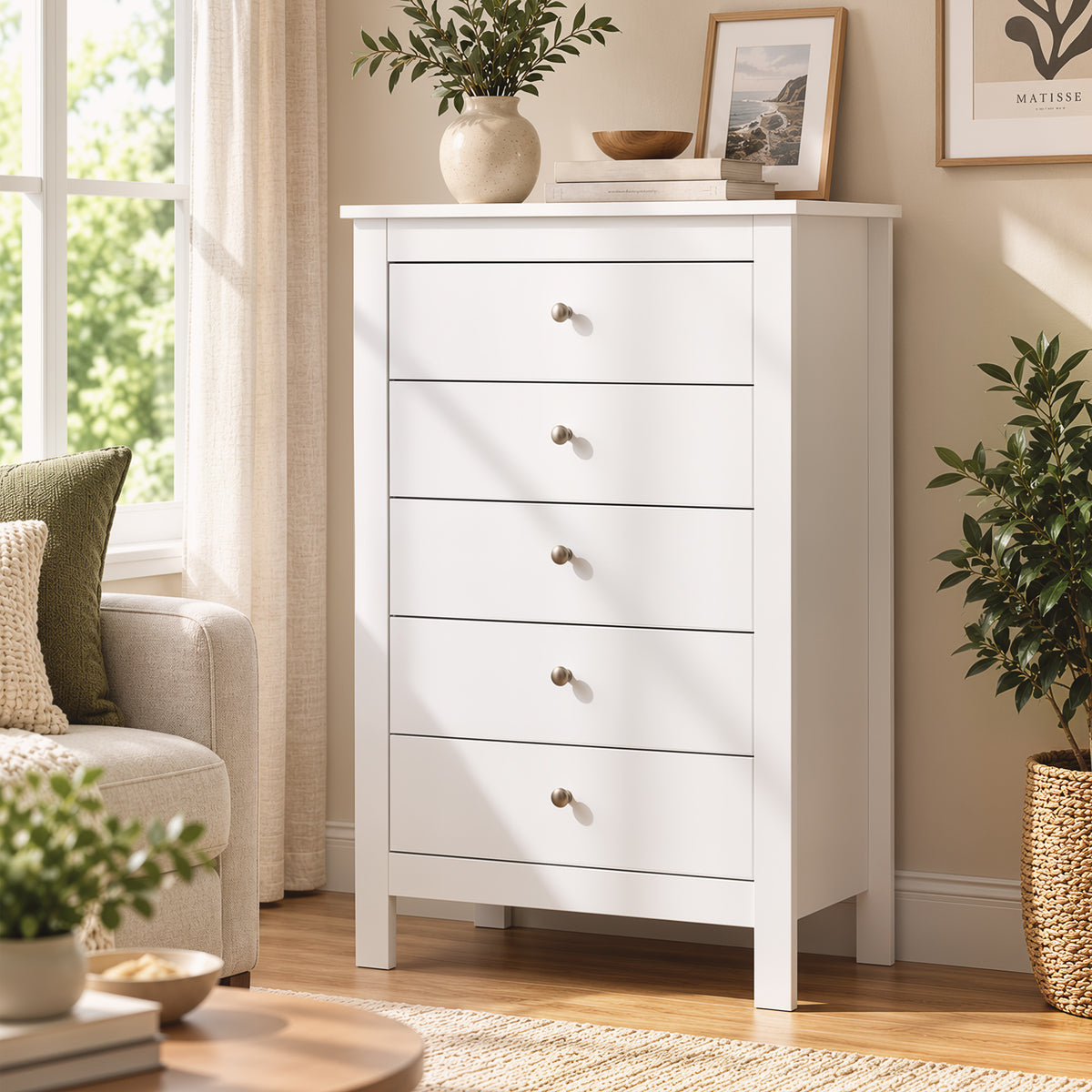 Commode 5 Tiroirs, Meuble de Rangement avec Glissières Fluides, Chiffonnier, Style Moderne, 60 x 39,5 x 95,3 cm, Blanc-8