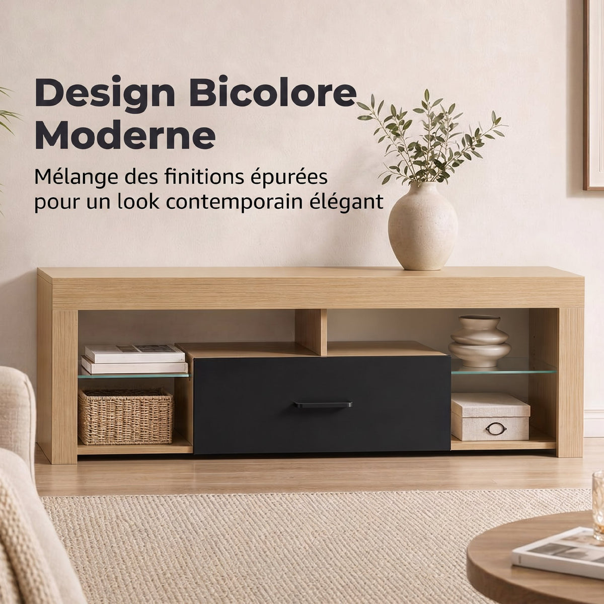Meuble TV 140 cm, Meuble Télé pour 65 Pouces avec Étagères en Verre Réglables, Tiroir et Compartiments Ouverts, Chêne-3