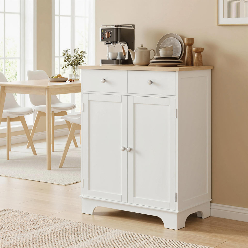 Meuble de rangement buffet salon avec placards à portes, 2 tiroirs et étagère réglable, armoire de rangement pour salon, cuisine, chambre, blanc et bois naturel-9
