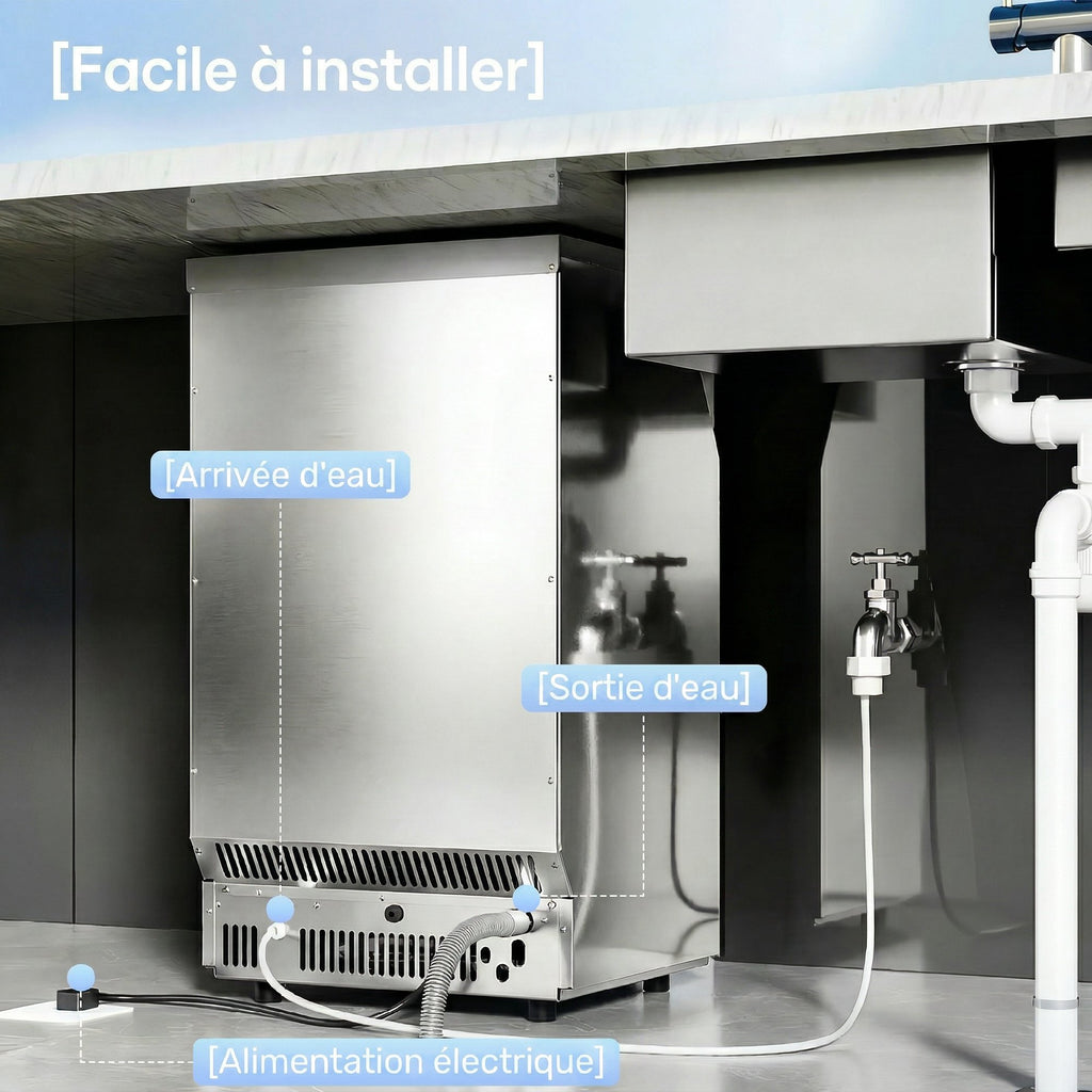 Machine à glaçons commerciale 36 kg/24h, acier inoxydable, ice maker, capacité 5,5 kg, 36 cubes par 10 minutes,-6