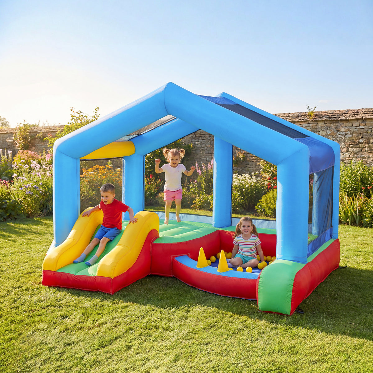 Château gonflable 4 en 1, aire de jeux avec souffleur, toboggan, piscine à balles, jeu de lancer d'anneaux, multicolore-9