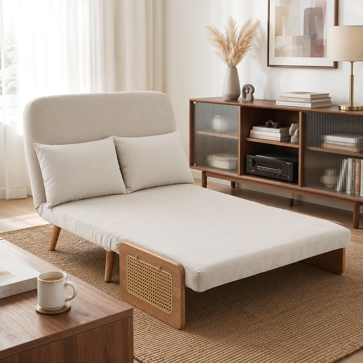 Canapé Convertible 2 Places, Canapé-Lit 3 en 1 Chenille 103cm, Dossier Réglable, 2 Oreillers, Accoudoirs en Bois, Crème-1