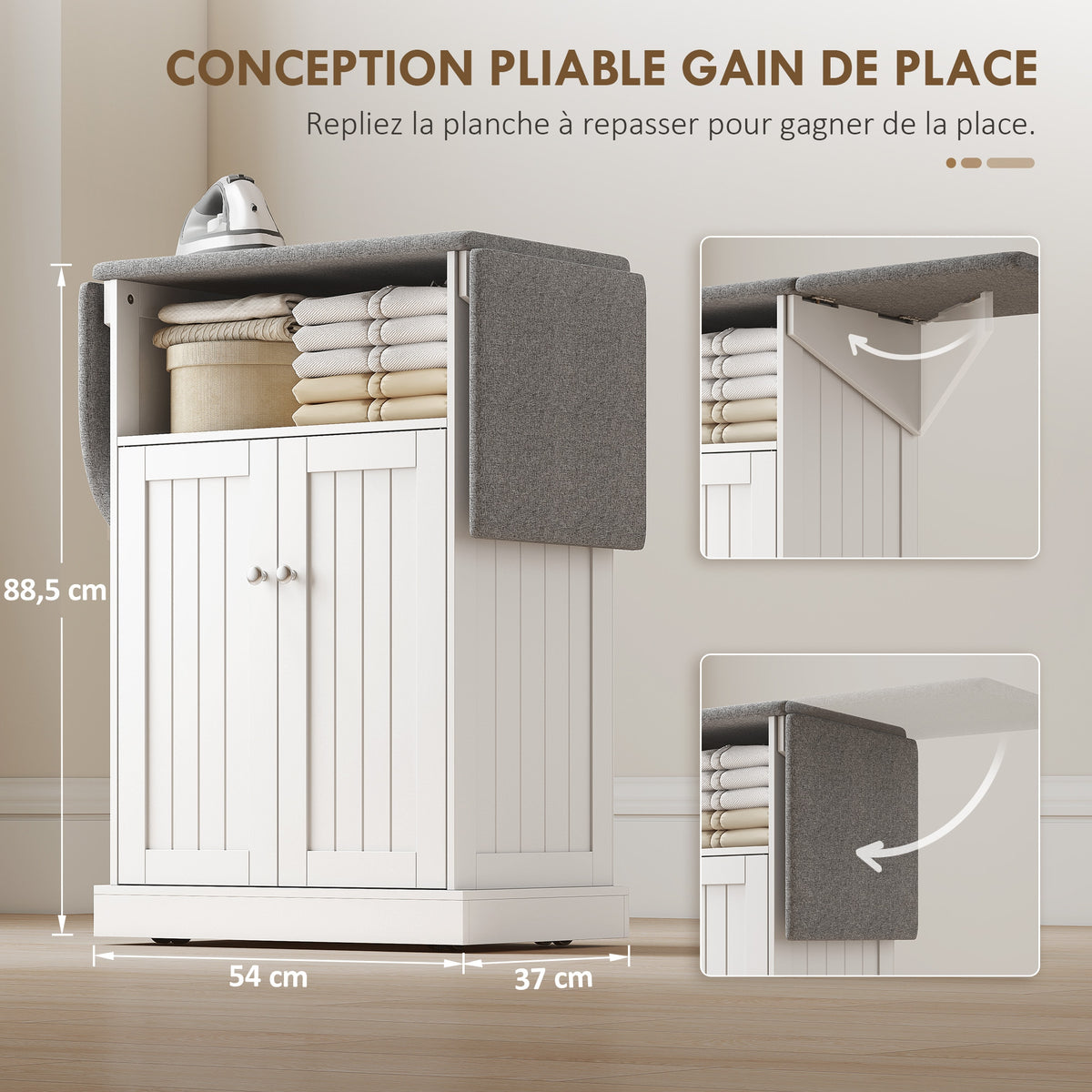 Armoire à repasser sur roulettes, table à repasser avec plateau repassable et pliable, 131 x 37 x 89,5 cm, blanc-4