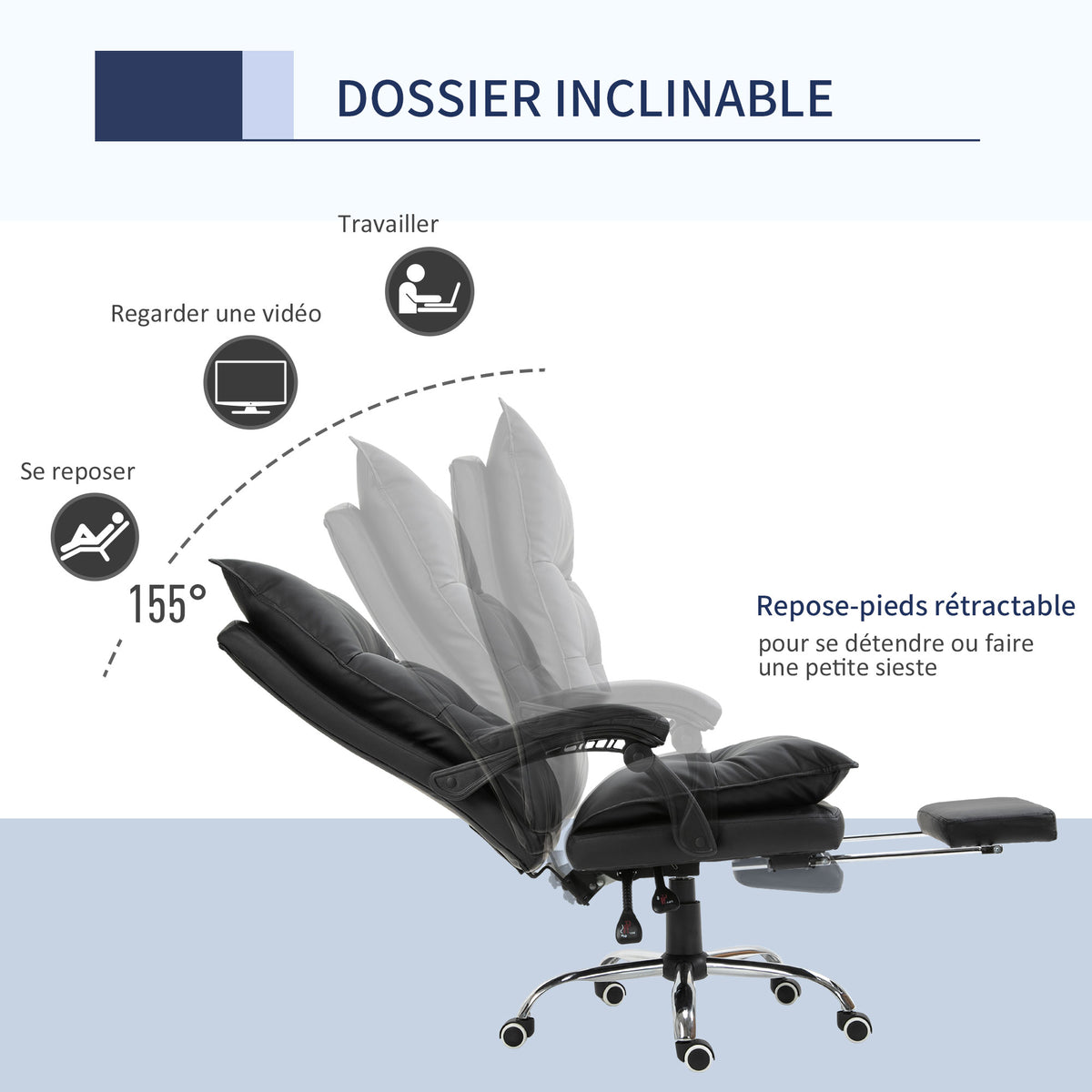 Fauteuil de bureau, chaise bureau ergonomique en similicuir avec large assise rembourrée, dossier inclinable, hauteur réglable, accoudoirs et repose-pied intégrés, charge 135 Kg, noir-4
