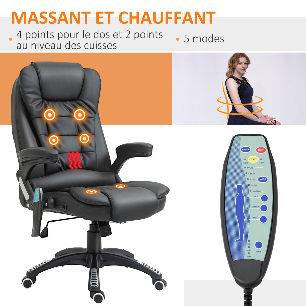 Fauteuil de bureau massant et chauffant électrique fauteuil bureau ergonomique revêtement synthétique noir-3