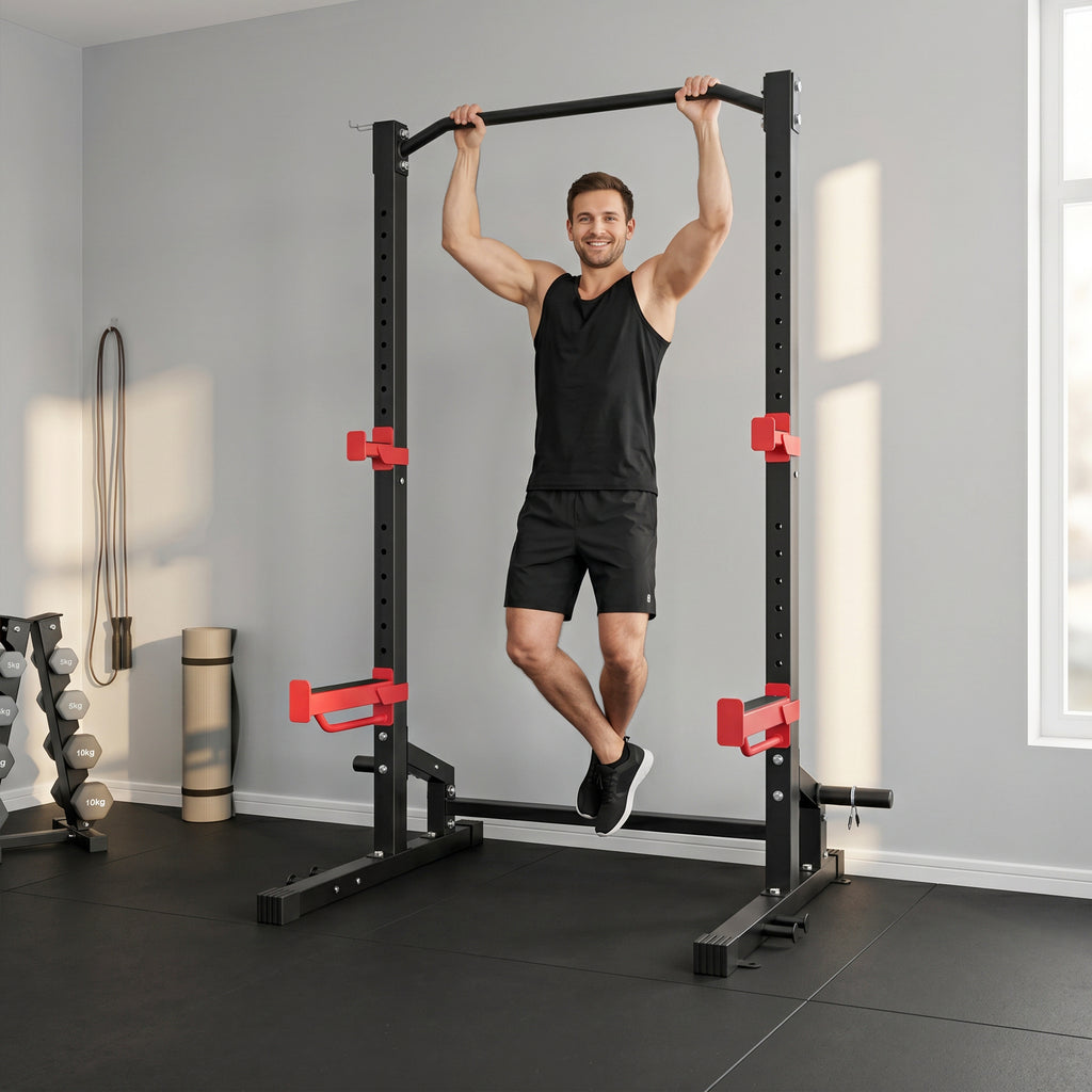 Power Tower Multifonction Charge 500 kg, Barre de Traction, Rack de Squat, Supports pour Disques, 157x105x205cm, Rouge-9