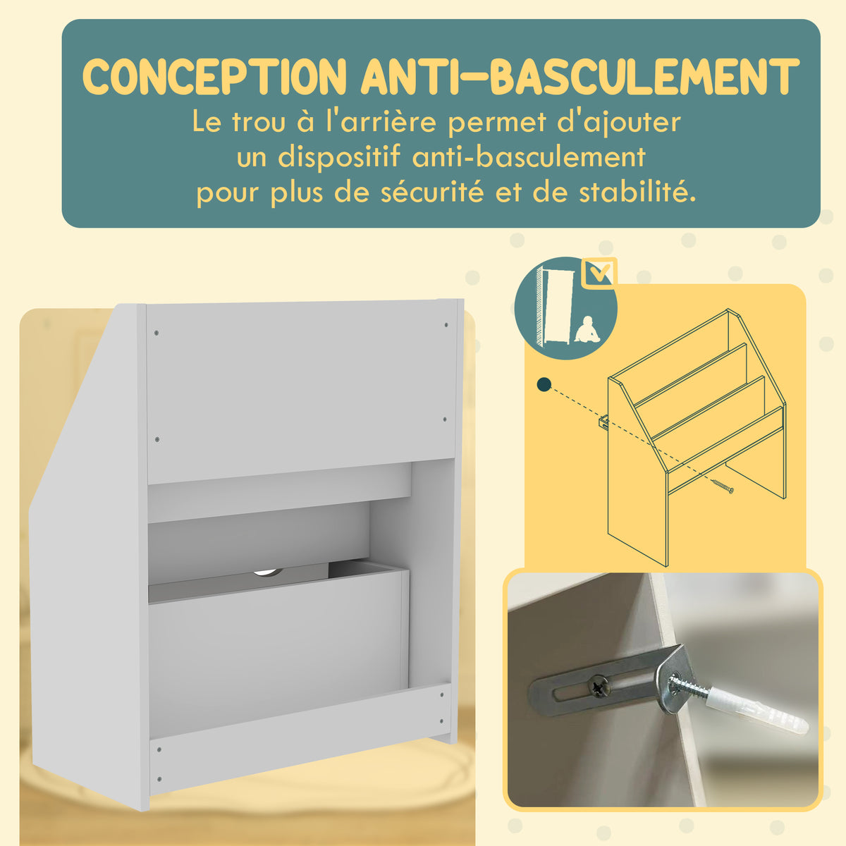 Bibliothèque pour enfants Multi-Rangement avec 3 niveaux d'étagères et un tiroir, 62,5L x 30l x 70H cm, blanc-4
