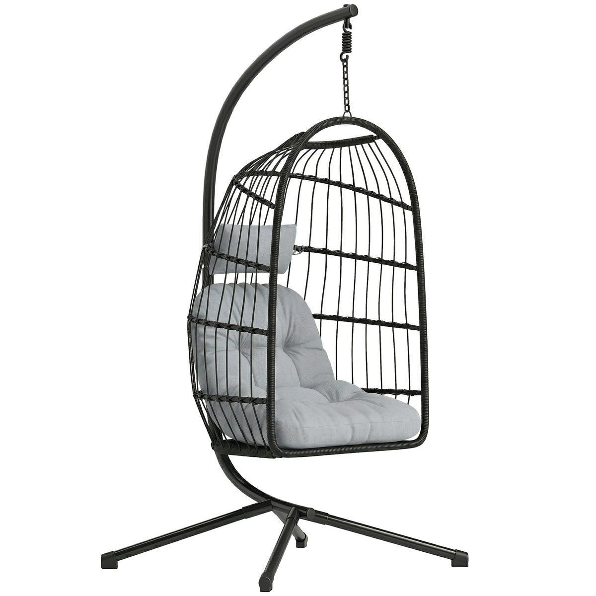 Fauteuil Œuf Suspendu Pliable avec Support Coussin 15cm et Appui-tête Gain de Place Résine Tressée 101x105x196cm Gris-0