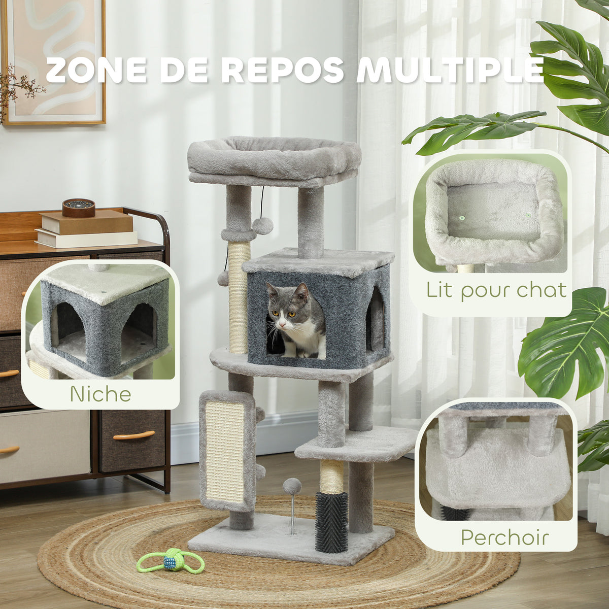 Arbre à chat, tour de jeux, hauteur de 104 cm, avec lit maison, brosse de toilettage,  44l x 34P x 104H cm, gris clair-3