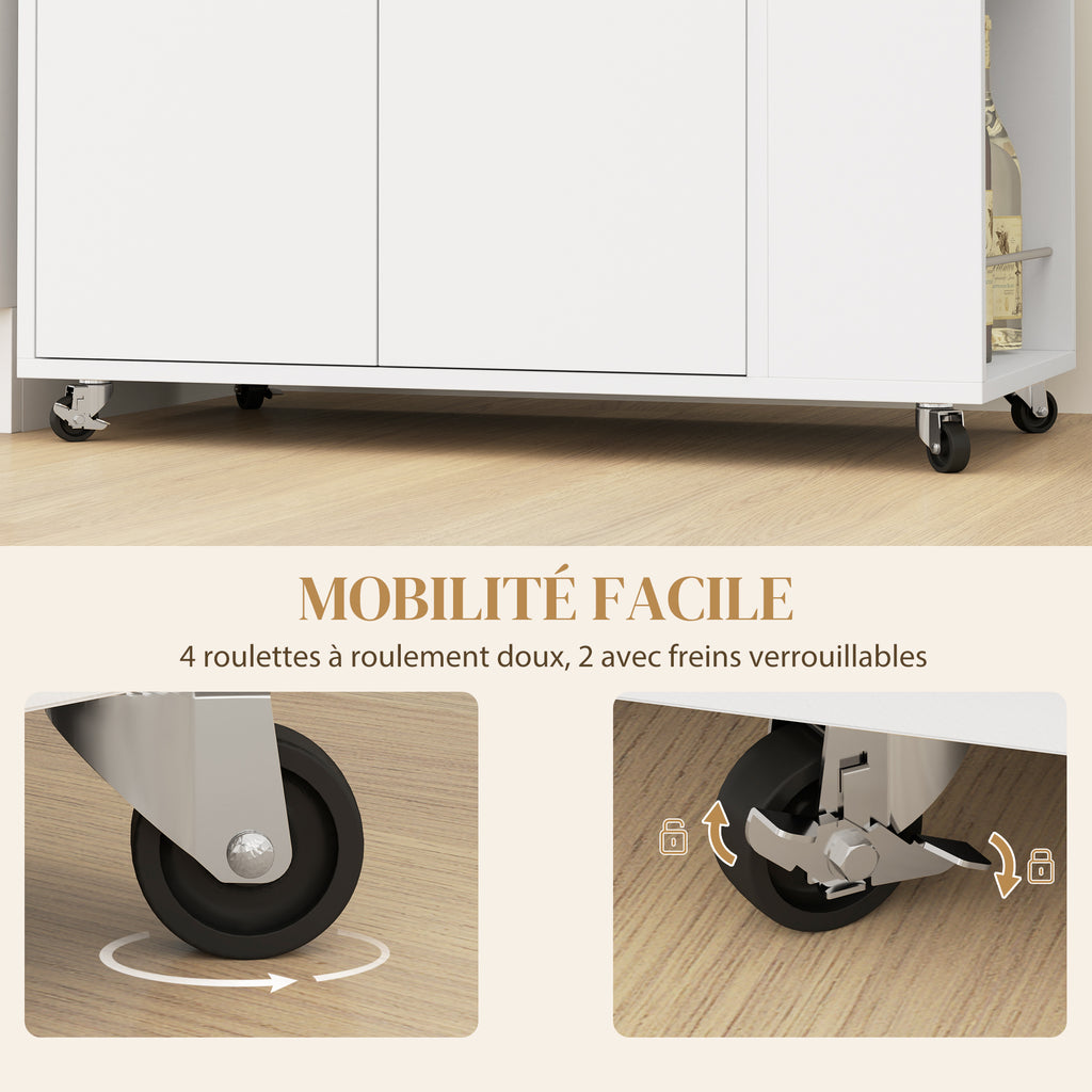 Desserte de cuisine à roulettes, Îlot central cuisine avec plan de travail et étagère réglable, 75x40x80,5cm, blanc-6