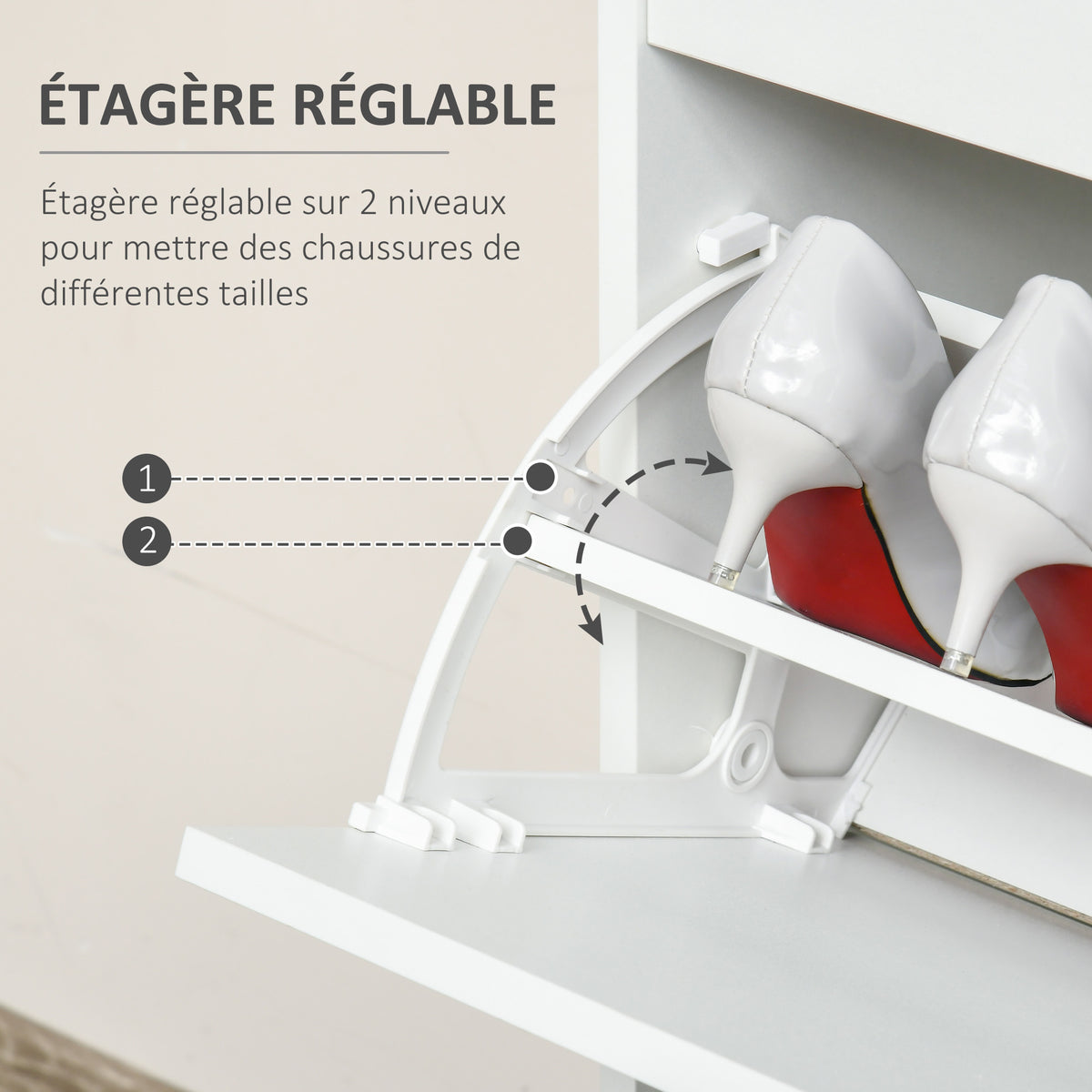 Meuble à chaussures avec 2 tiroirs rabattables étagère réglable + 1 tiroir  jusqu'à 16 paires 70L x 29l x 92H Blanc-4