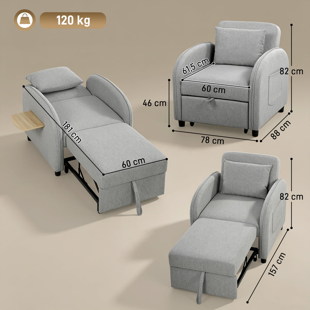 Fauteuil Convertible 1 Place, Fauteuil-Lit Clic-Clac 3 en 1, Dossier Réglable, Tablette Latérale Rabattable, Gris-2