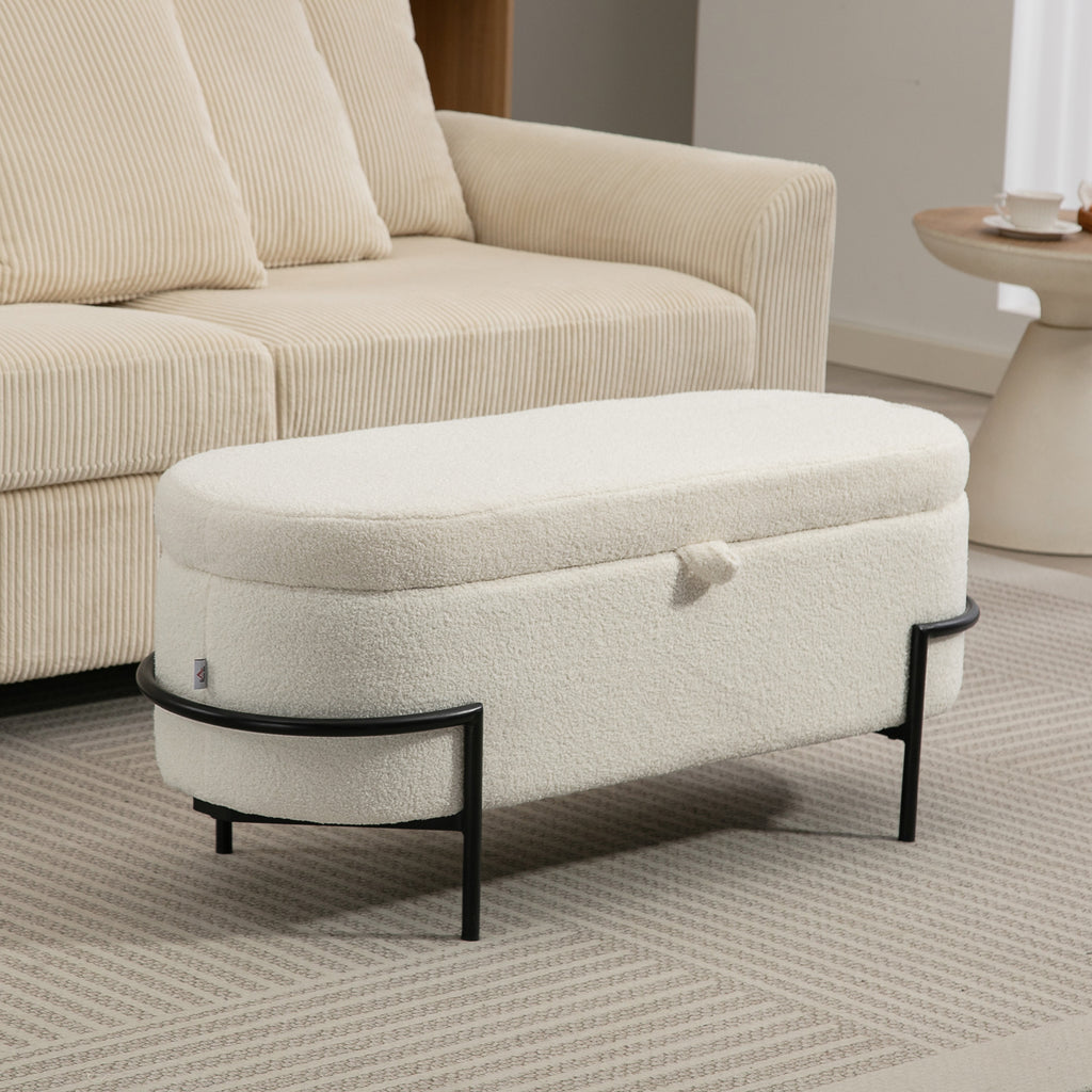 Banc de rangement, banc coffre de rangement en tissu bouclette avec couvercle relevable et pieds en acier, crème-9