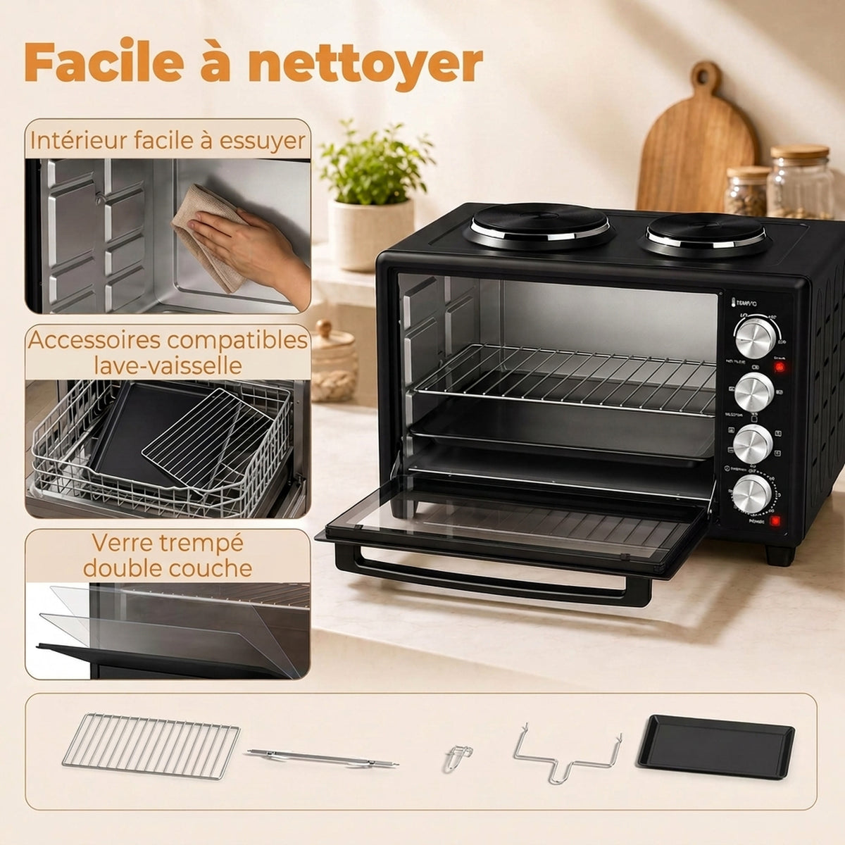 Mini-Four avec 2 Plaques de Cuisson et Broche Rotative 46L 2850 W, Four à Convection Multifonction, Minuterie, Noir-4