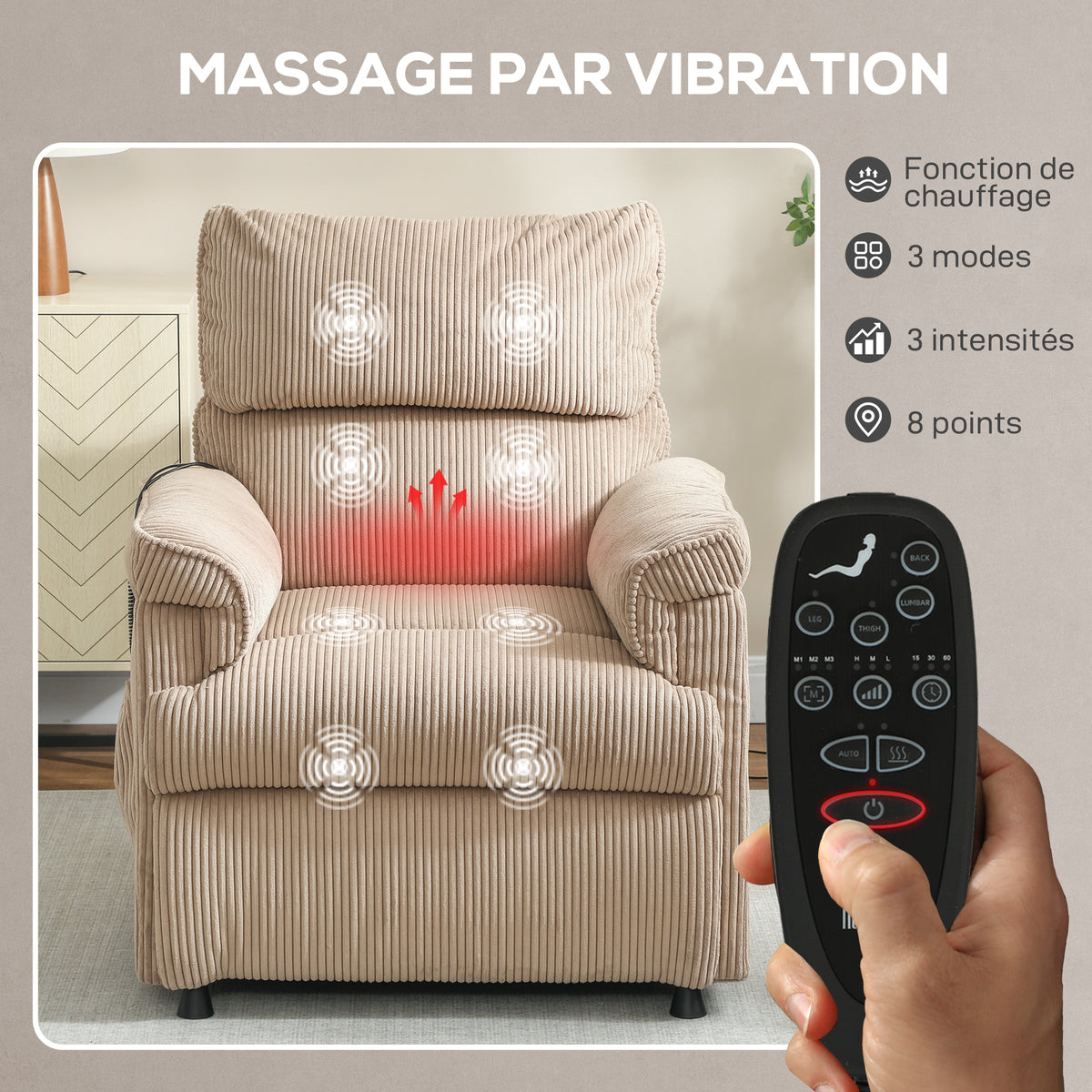 Fauteuil relax électrique massant et chauffant, fauteuil inclinable en velours côtelé, moteur ultra-silencieux, marron-3