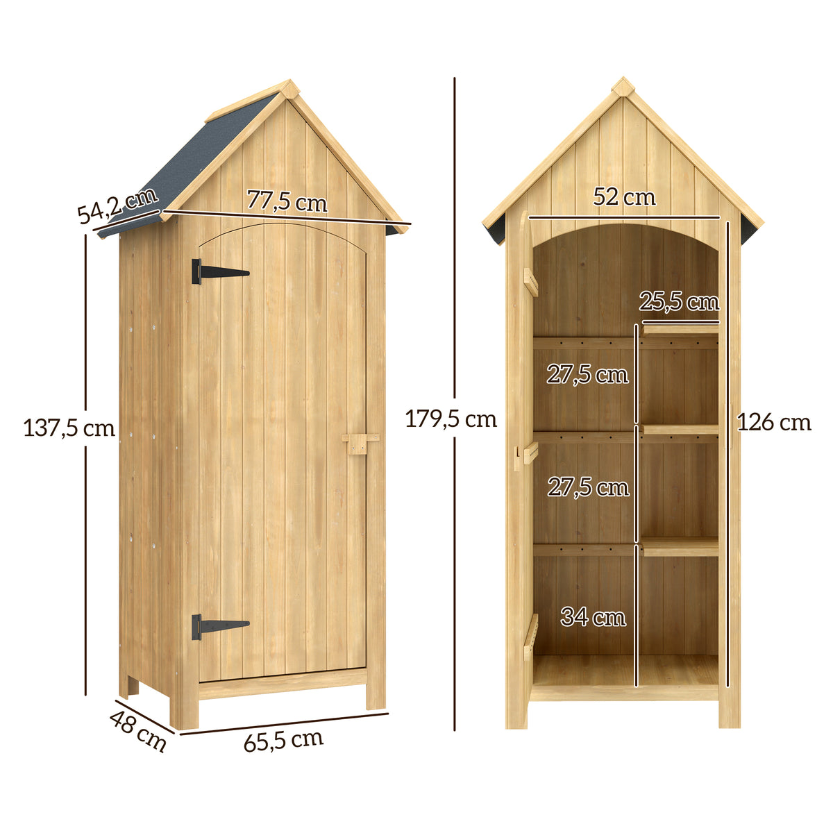 Abri de jardin en bois cabane de jardin exterieur armoire de jardin avec toit bitumé 3 étagères porte avec loquet rangement et stockage extérieurs pour terrasse 77,5 x 54,2 x 179,5 cm naturel-2
