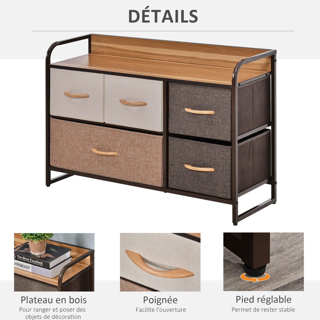 Commode Meuble de Rangement 5 tiroirs en Tissu 87,5 x 29 x 58 cm Marron et Beige-6