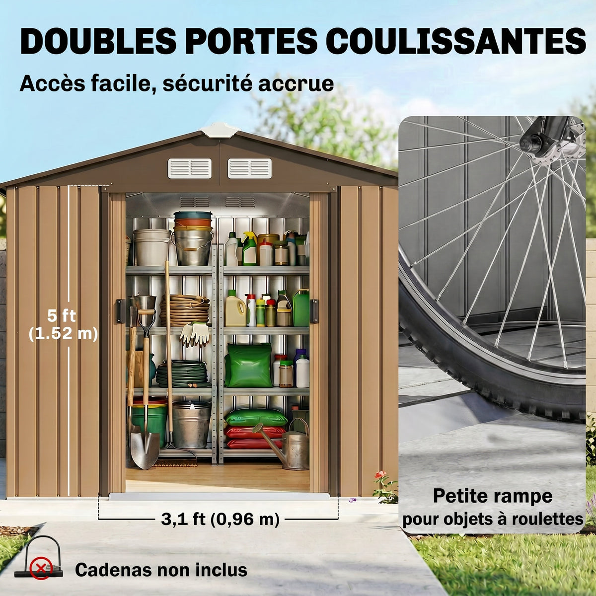 Abri de jardin 2,5 m² - remise pour outils avec kit de fondation - cabanon porte verrouillable - tôle d'acier ocre-4