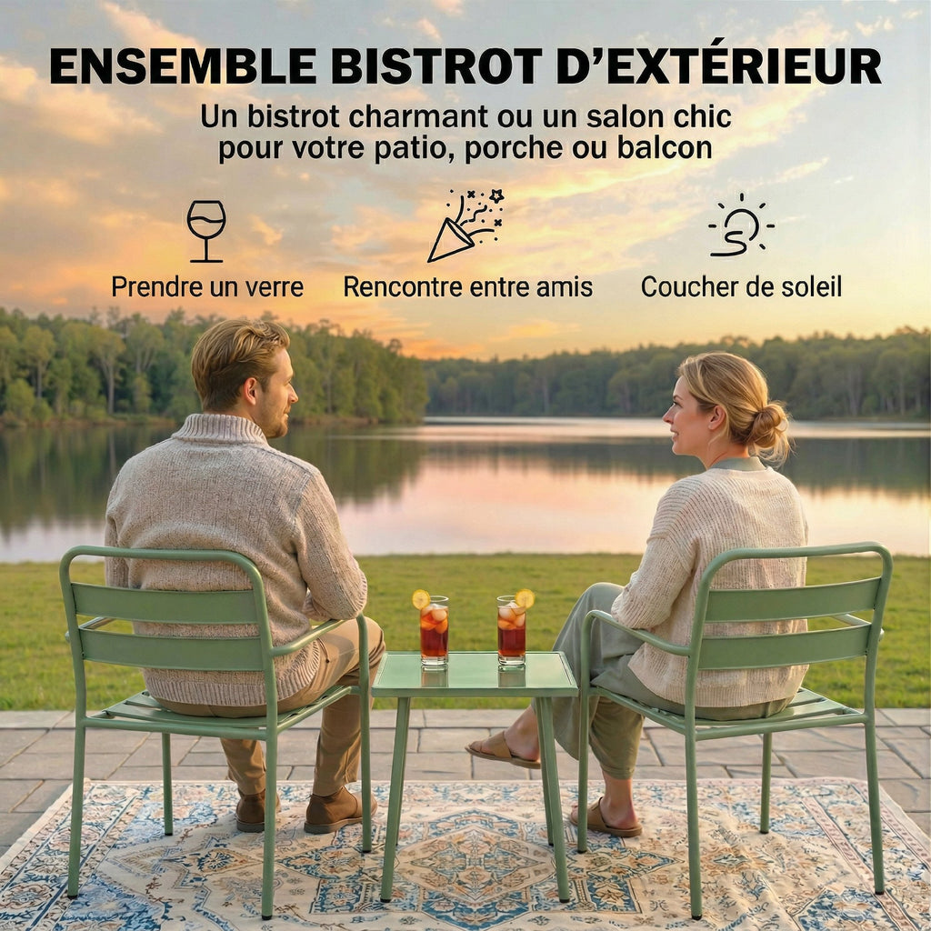 Ensemble bistrot de jardin 3 pièces - table basse en verre trempé et 2 chaises à lattes, cadre en acier galvanisé, vert-3