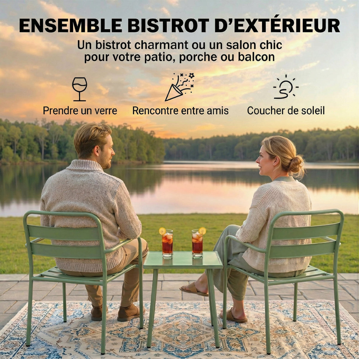 Ensemble bistrot de jardin 3 pièces - table basse en verre trempé et 2 chaises à lattes, cadre en acier galvanisé, vert-3