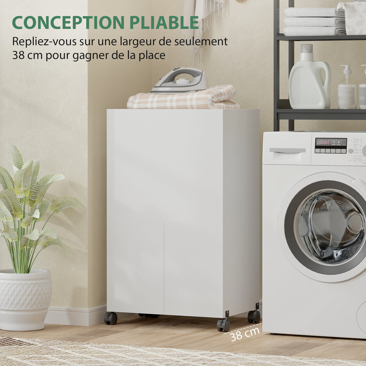Meuble à repasser, table à repasser pliante sur roulettes avec portes par pression, charnières à fermeture douce, blanc-3