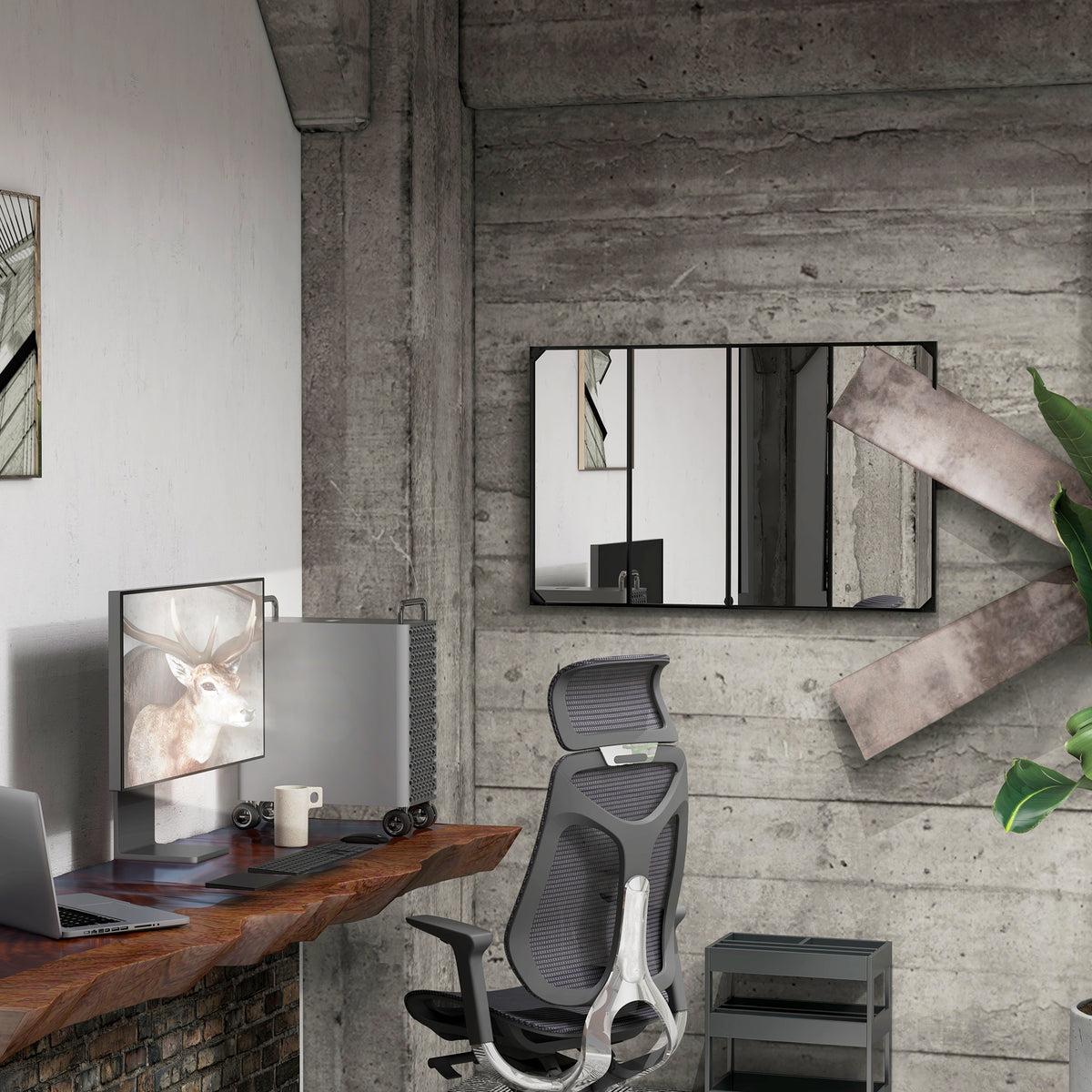 Miroir mural verrière rectangulaire style industriel, horizontal ou vertical avec 4 crochets, en métal noir 109 x 69 cm-7