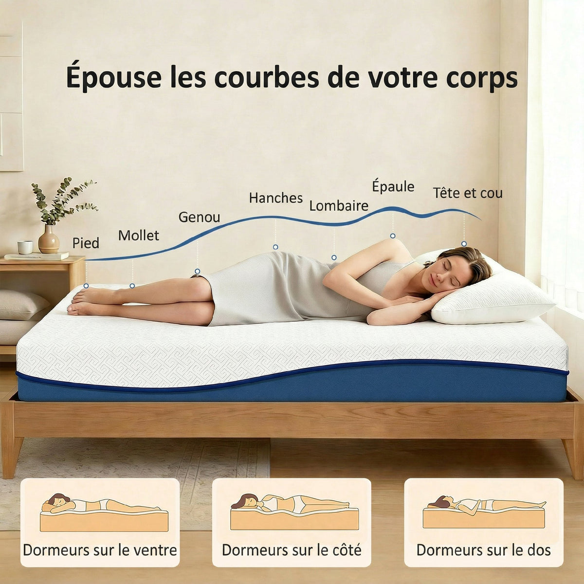 Matelas 160x200cm, matelas 2 personnes, mousse à mémoire de forme au thé vert, housse amovible lavable, fermeté moyenne-4