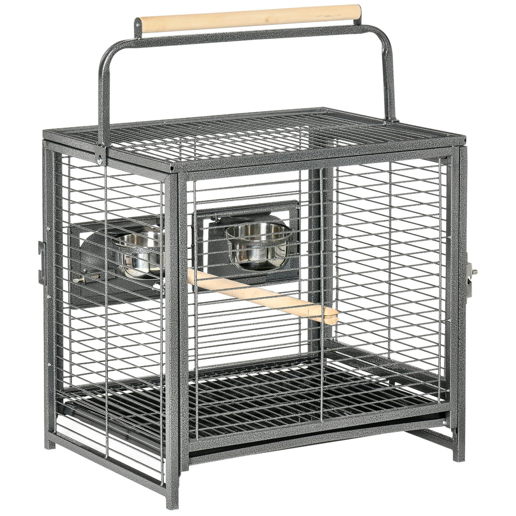 Cage de transport en acier pour perroquets, cage à oiseaux avec 2 bols en acier inoxydable, 2 perchoirs, plateau, noir-0