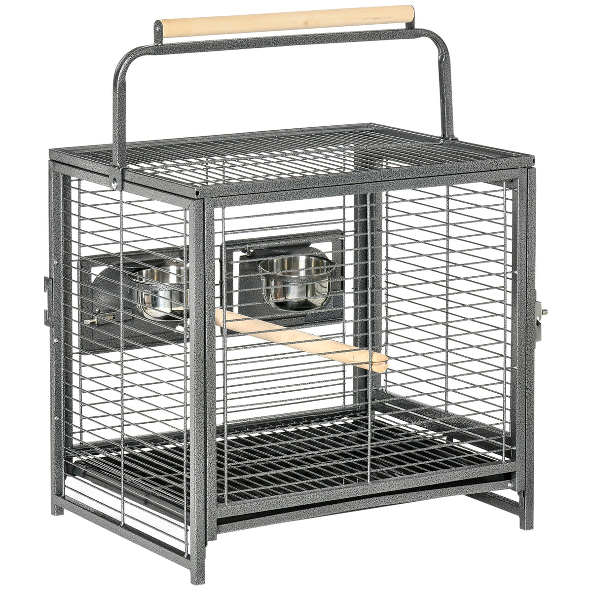 Cage de transport en acier pour perroquets, cage à oiseaux avec 2 bols en acier inoxydable, 2 perchoirs, plateau, noir-0