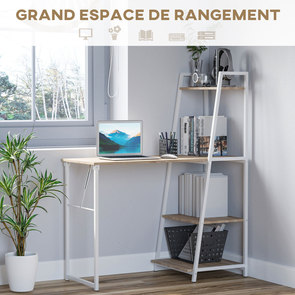 Bureau Pliable Rabattable - Bureau bibliothèque 2 en 1-4 étagères - Imitation Bois chêne Clair métal Blanc-4