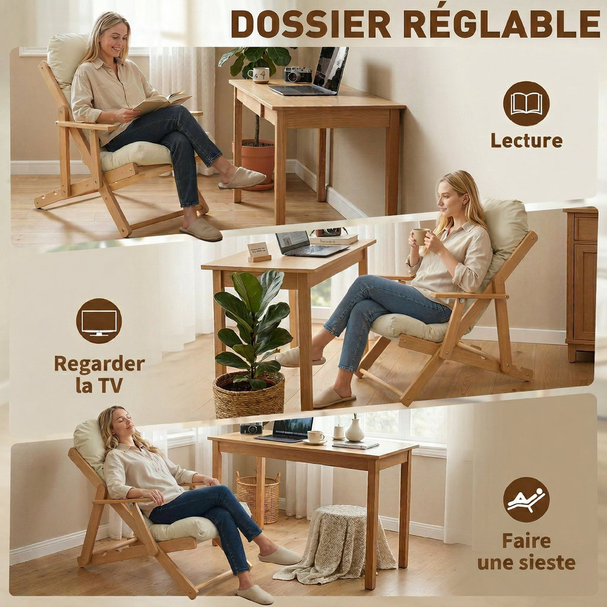 Fauteuil Chaise de Salon Pliable et inclinable en Bois Fauteuil Relax Confortable avec Coussin capitonné épais-3