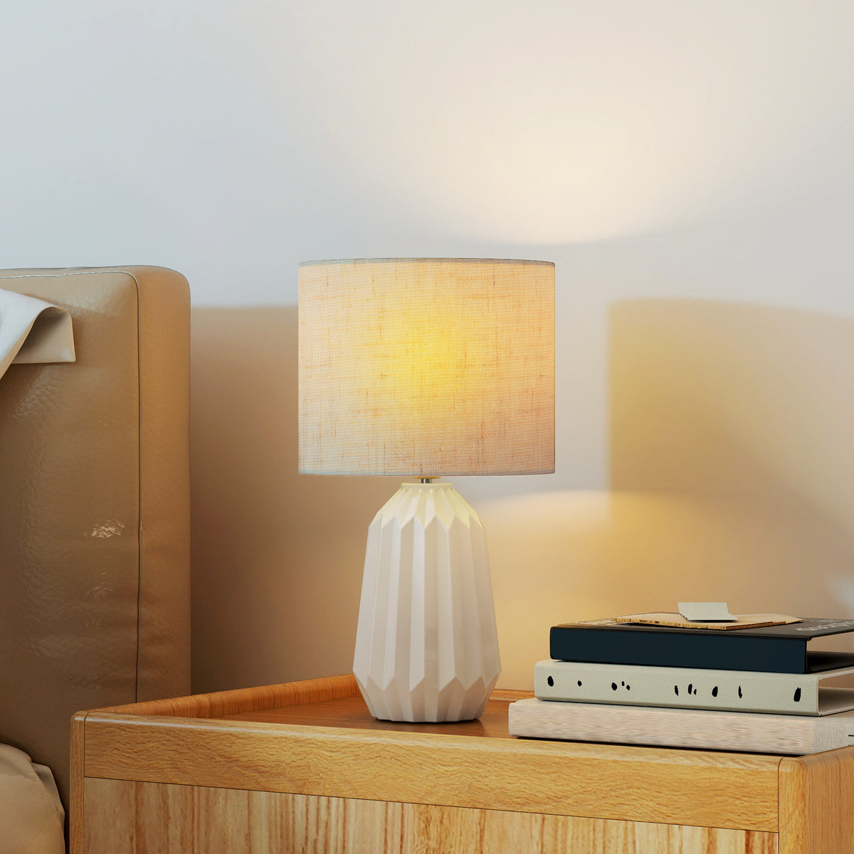 Lampe de Table avec Base en Céramique et Abat-Jour en Lin, Lampe de Chevet avec Interrupteur, Culot E27, Blanc et Beige-7