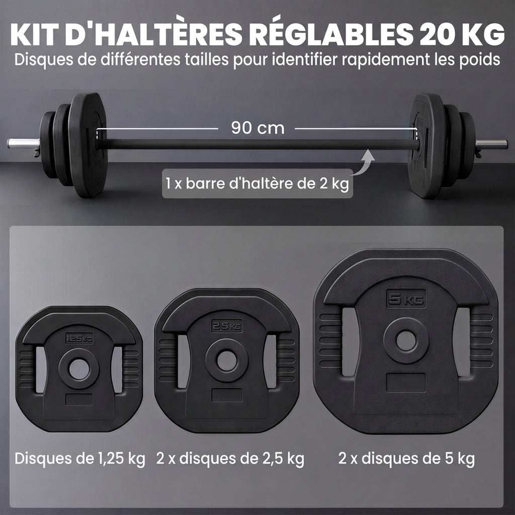 Ensemble d'Haltère 20 kg, Disques Carrés Réglables à Poignées, Barre Antidérapante en Acier 3 Parties, Noir-3