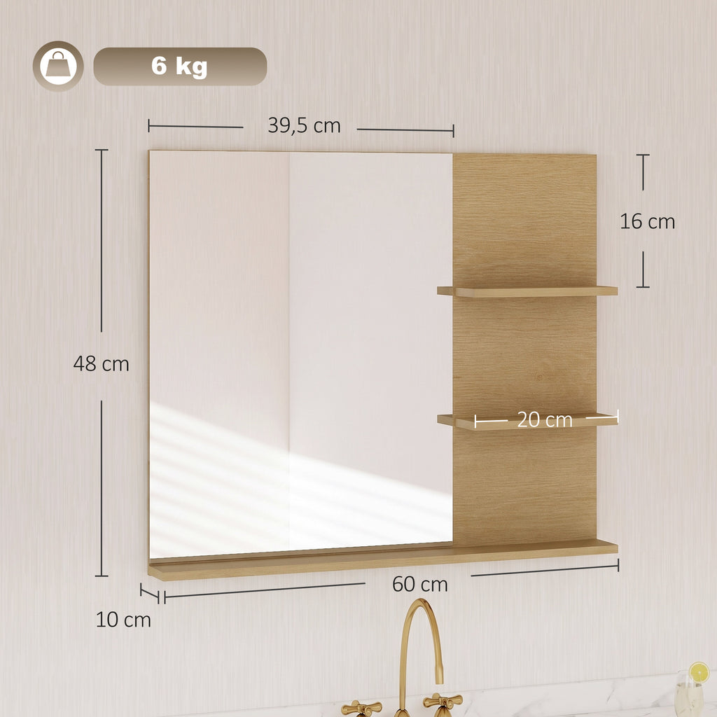 Miroir Salle de Bain avec 3 Étagères 60 x 48 cm, Miroir Mural Modern pour chambre à coucher, bureau, Chêne-2
