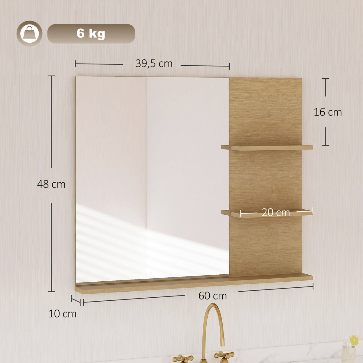 Miroir Salle de Bain avec 3 Étagères 60 x 48 cm, Miroir Mural Modern pour chambre à coucher, bureau, Chêne-2