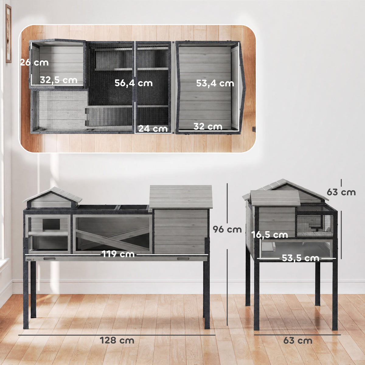 Maison pour tortues à 2 étages 2 chambres fenêtres rampes toit ouvrable et plateau 128 x 63 x 96 cm gris-2