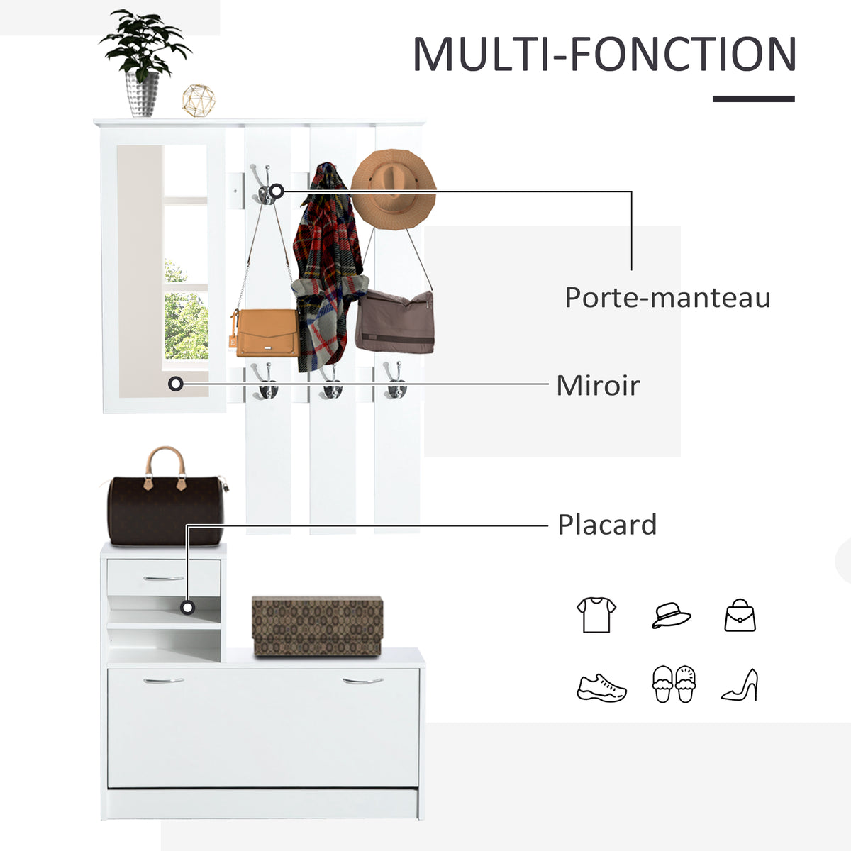 Ensembles 3 en 1 de meuble d'entrée vestiaire avec panneau porte-manteau, miroir et banc à chaussures - 6 crochets et étagère réglable, blanc-3