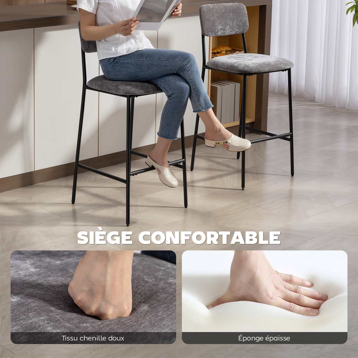 Lot de 2 tabourets de bar en tissu chenille, chaises de bar rembourrées, assise large, dossier haut, 45,5x48x101cm, gris-3