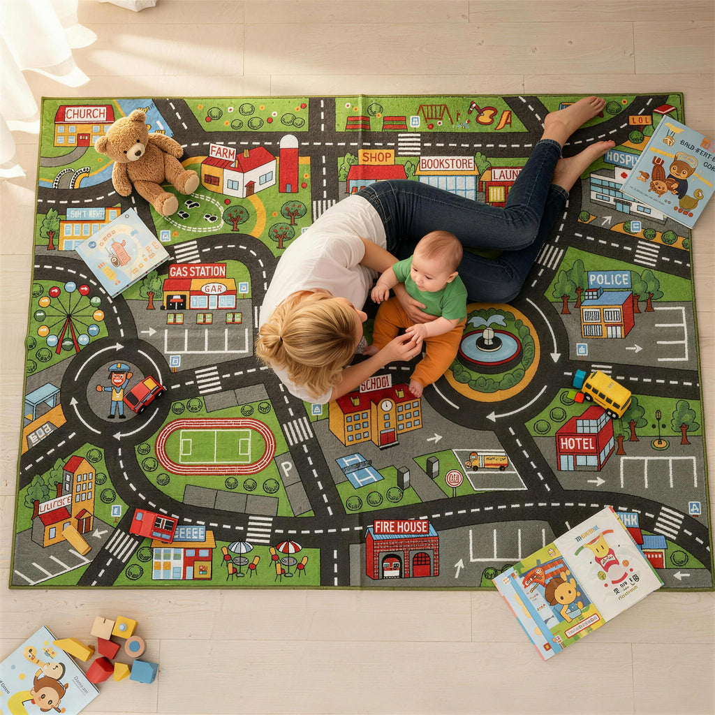 Tapis de jeu pour bébé, tapis de sol antidérapant, motif de route de la ville, 200 x 150 cm, multicolore-1