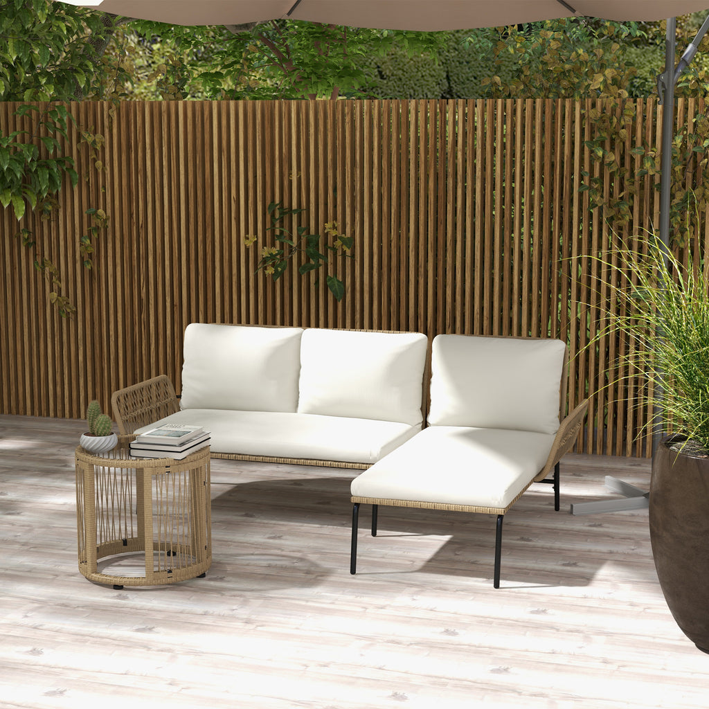Salon de jardin extérieur d'angle 3 places en résine tressée avec canapés, chaise longue, table basse et coussins, crème-1