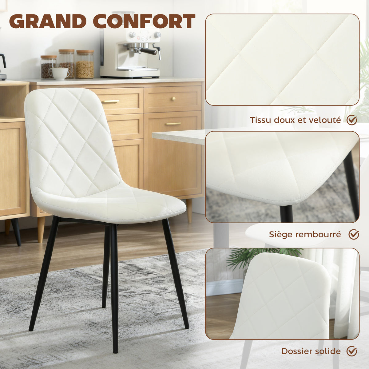 Lot de 4 chaises de salle à manger rembourrées avec dossier haut, pieds en acier et tissu effet velours, crème-3
