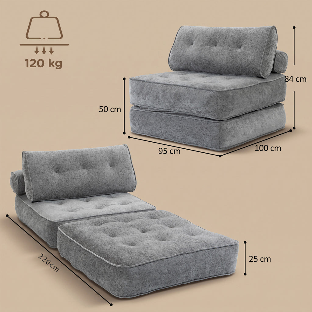 Fauteuil Convertible 1 Place 95 x 220 cm avec 2 Oreillers, Siège Épais, Fauteuil-Lit Chauffeuse 3 en 1, Gris Clair-2