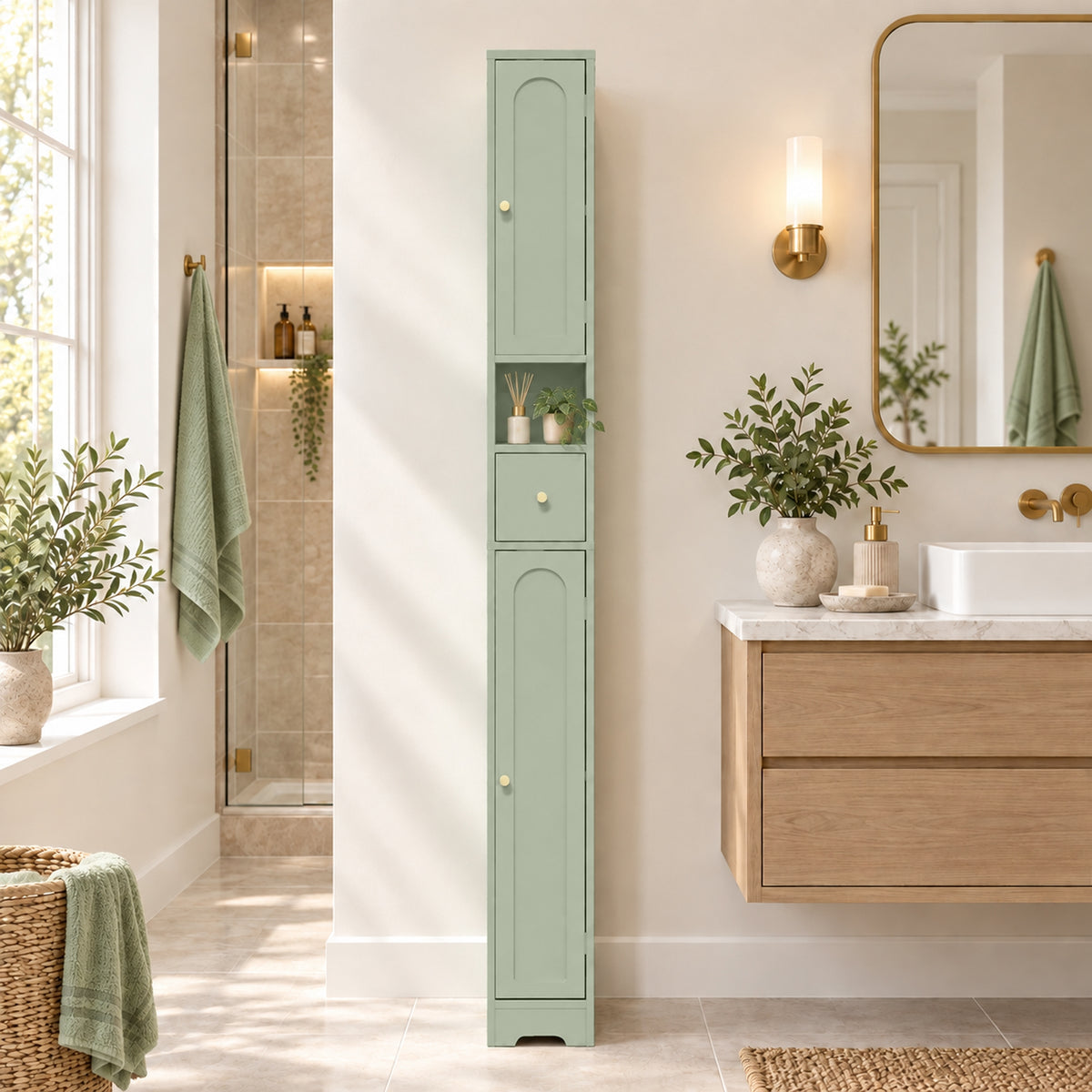 Meuble colonne salle de bain, meuble de rangement, 2 portes, tiroir, compartiment ouvert, étagère réglable, vert-7